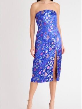 Lulus Make a Move Floral Jacquard Sleeveless Satin Dress in Blue Front Slit SZ S